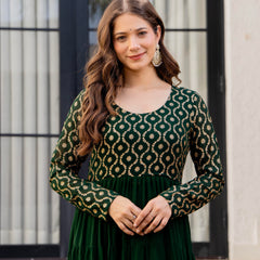 Poshak Hub Women Green Georgette Foil print Tiered Anarkali Kurta