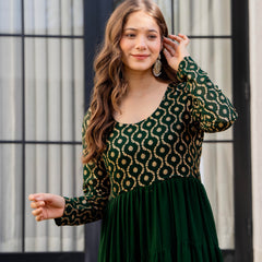 Poshak Hub Women Green Georgette Foil print Tiered Anarkali Kurta