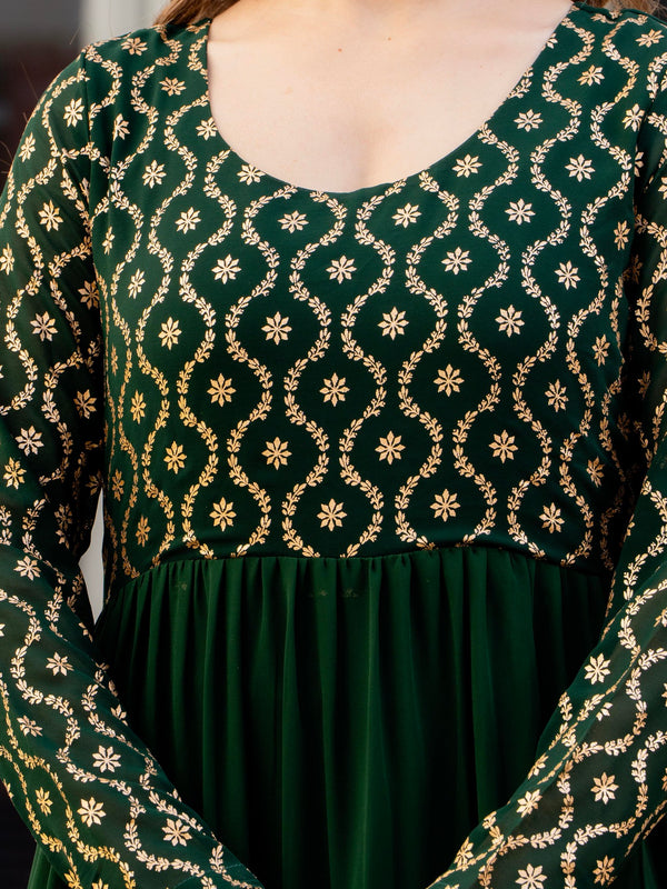 Poshak Hub Women Green Georgette Foil print Tiered Anarkali Kurta