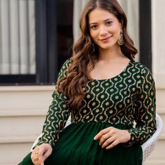 Poshak Hub Women Green Georgette Foil print Tiered Anarkali Kurta