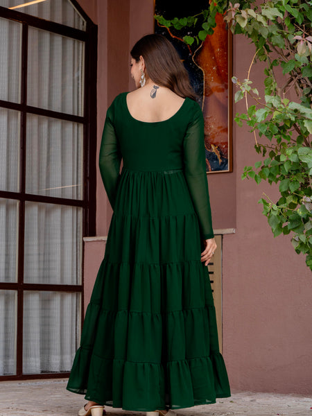 Poshak Hub Women Green Georgette Front Slit Tiered Anarkali Kurta with Sharara