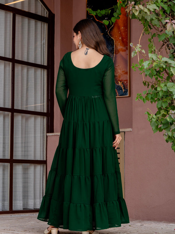 Poshak Hub Women Green Georgette Front Slit Tiered Anarkali Kurta with Sharara