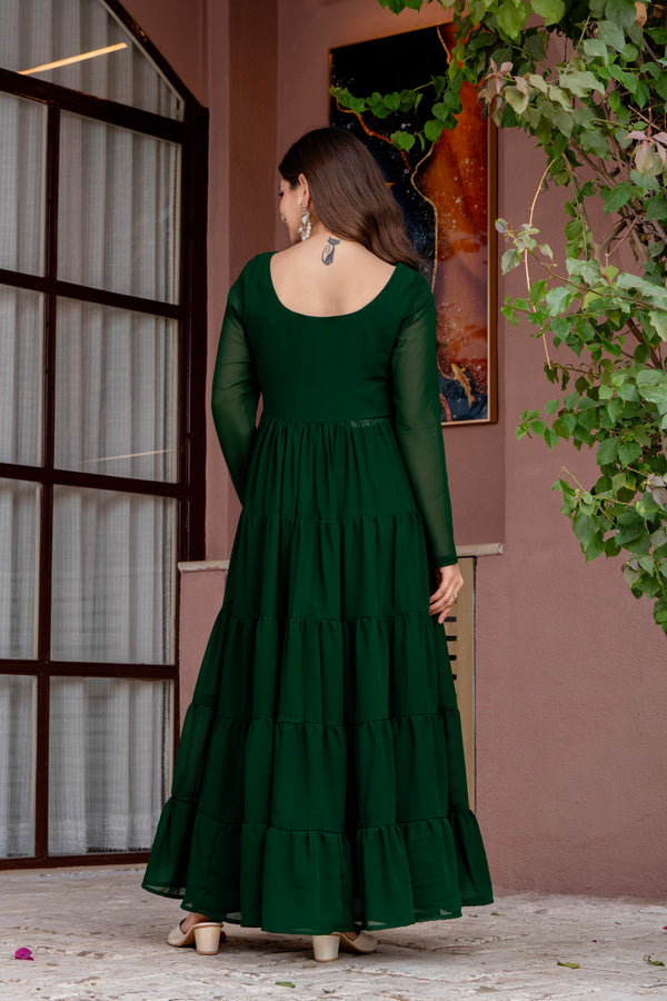 Poshak Hub Women Green Georgette Front Slit Tiered Anarkali Kurta with Sharara