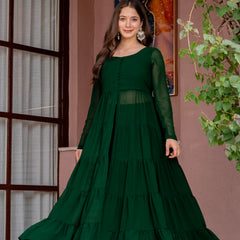 Poshak Hub Women Green Georgette Front Slit Tiered Anarkali Kurta with Sharara