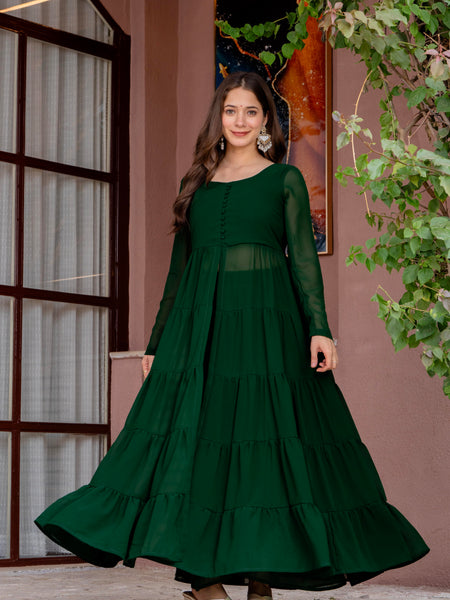Poshak Hub Women Green Georgette Front Slit Tiered Anarkali Kurta with Sharara