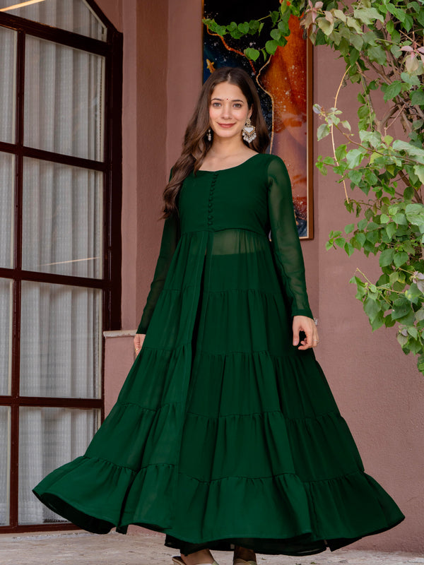 Poshak Hub Women Green Georgette Front Slit Tiered Anarkali Kurta with Sharara