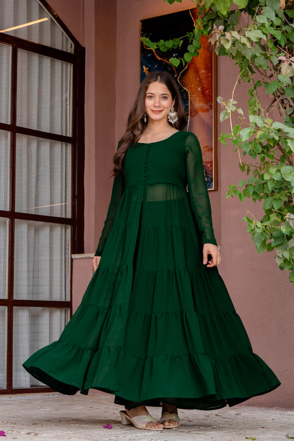 Poshak Hub Women Green Georgette Front Slit Tiered Anarkali Kurta with Sharara