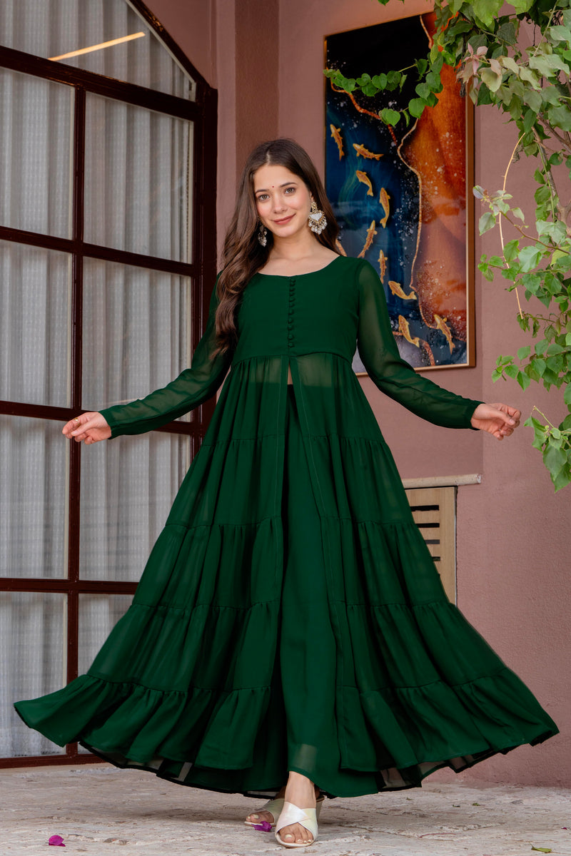 Poshak Hub Women Green Georgette Front Slit Tiered Anarkali Kurta with Sharara