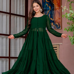 Poshak Hub Women Green Georgette Front Slit Tiered Anarkali Kurta with Sharara