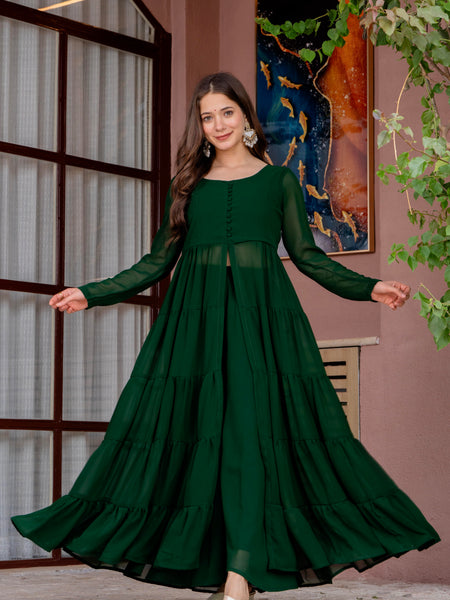 Poshak Hub Women Green Georgette Front Slit Tiered Anarkali Kurta with Sharara