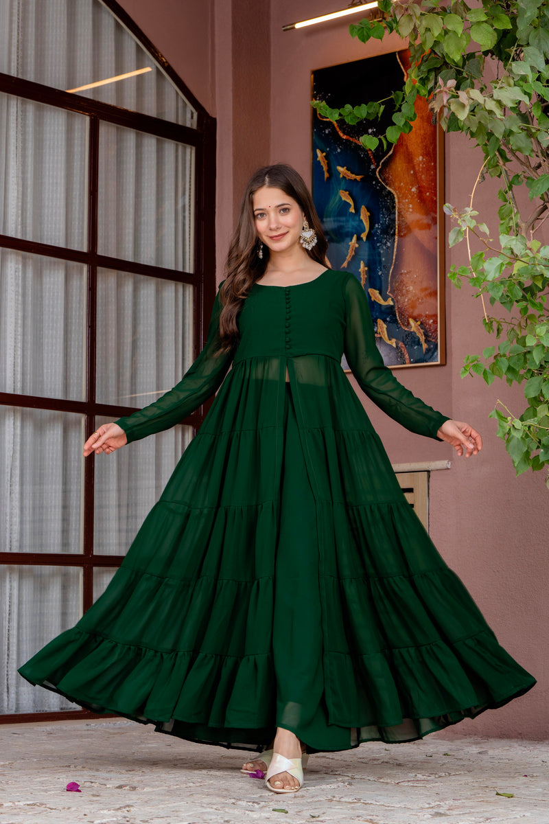 Poshak Hub Women Green Georgette Front Slit Tiered Anarkali Kurta with Sharara