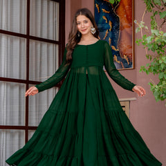 Poshak Hub Women Green Georgette Front Slit Tiered Anarkali Kurta with Sharara