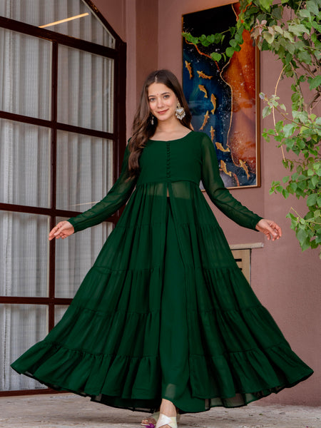 Poshak Hub Women Green Georgette Front Slit Tiered Anarkali Kurta with Sharara