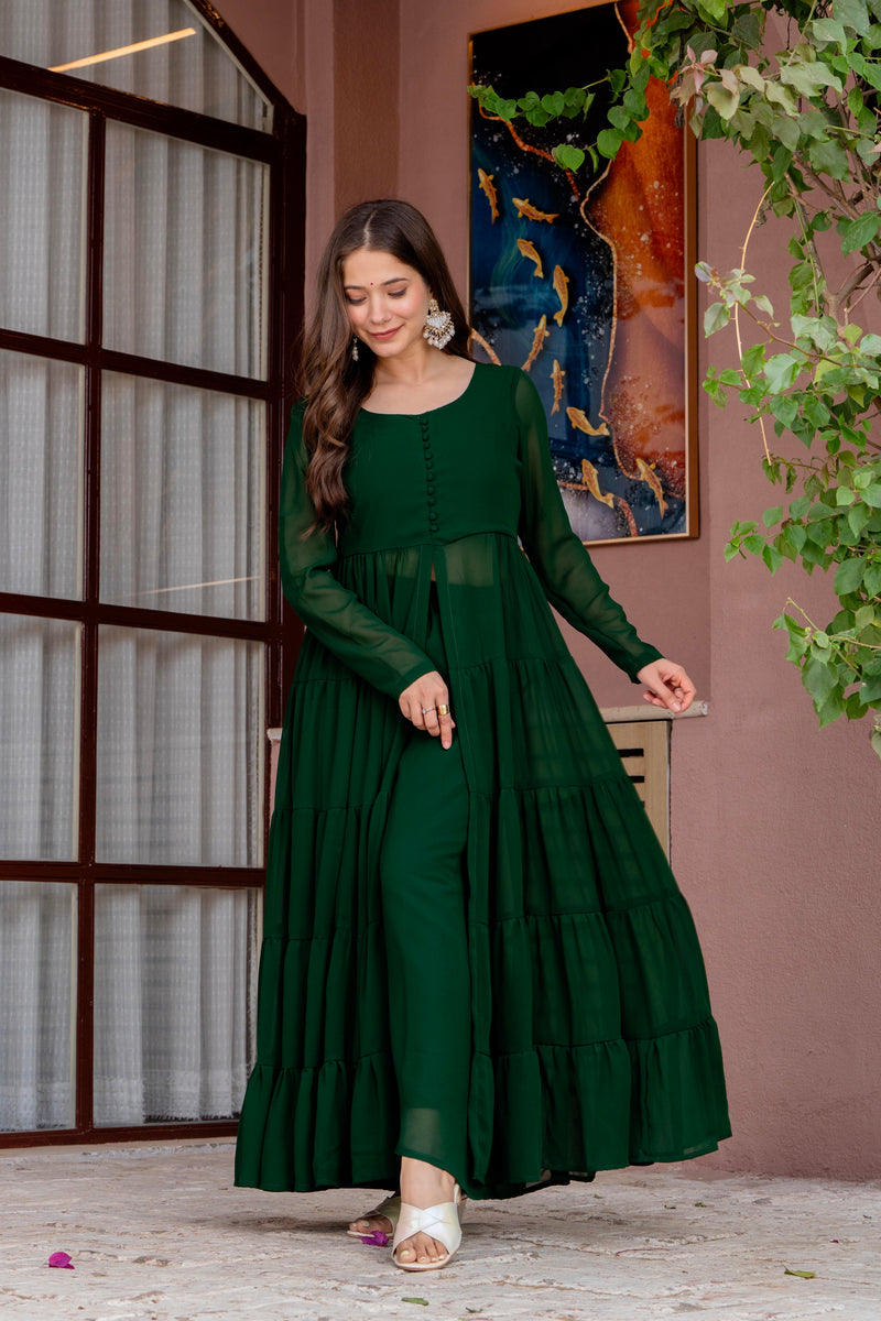 Poshak Hub Women Green Georgette Front Slit Tiered Anarkali Kurta with Sharara