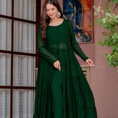 Poshak Hub Women Green Georgette Front Slit Tiered Anarkali Kurta with Sharara