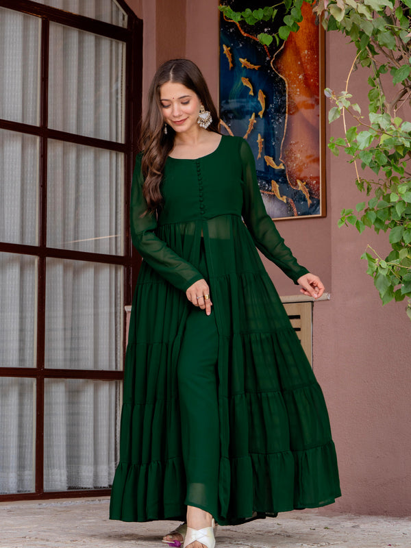 Poshak Hub Women Green Georgette Front Slit Tiered Anarkali Kurta with Sharara