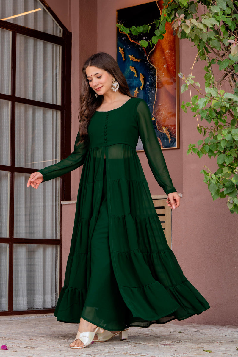 Poshak Hub Women Green Georgette Front Slit Tiered Anarkali Kurta with Sharara
