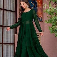 Poshak Hub Women Green Georgette Front Slit Tiered Anarkali Kurta with Sharara