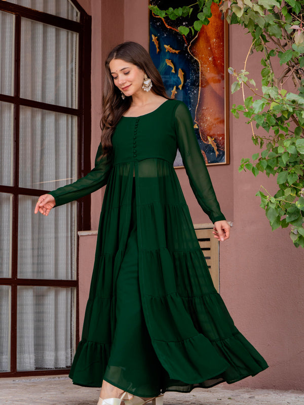 Poshak Hub Women Green Georgette Front Slit Tiered Anarkali Kurta with Sharara
