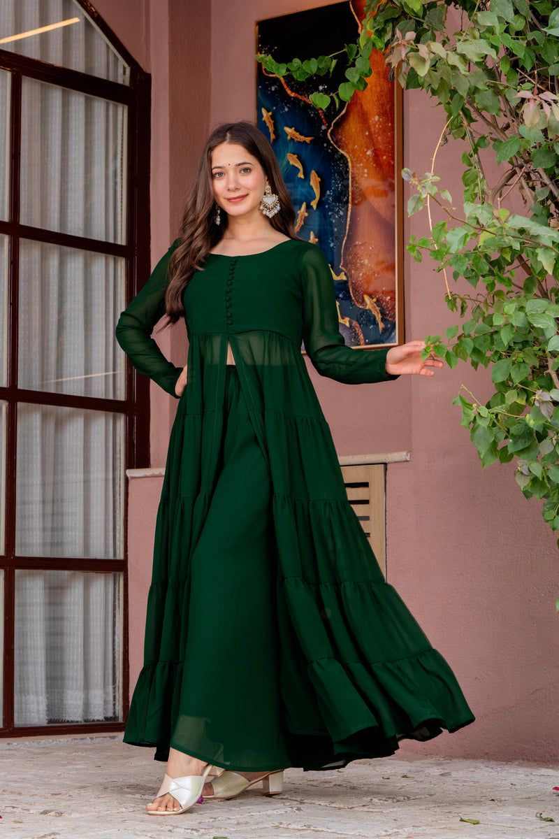Poshak Hub Women Green Georgette Front Slit Tiered Anarkali Kurta with Sharara