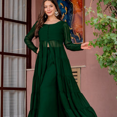 Poshak Hub Women Green Georgette Front Slit Tiered Anarkali Kurta with Sharara