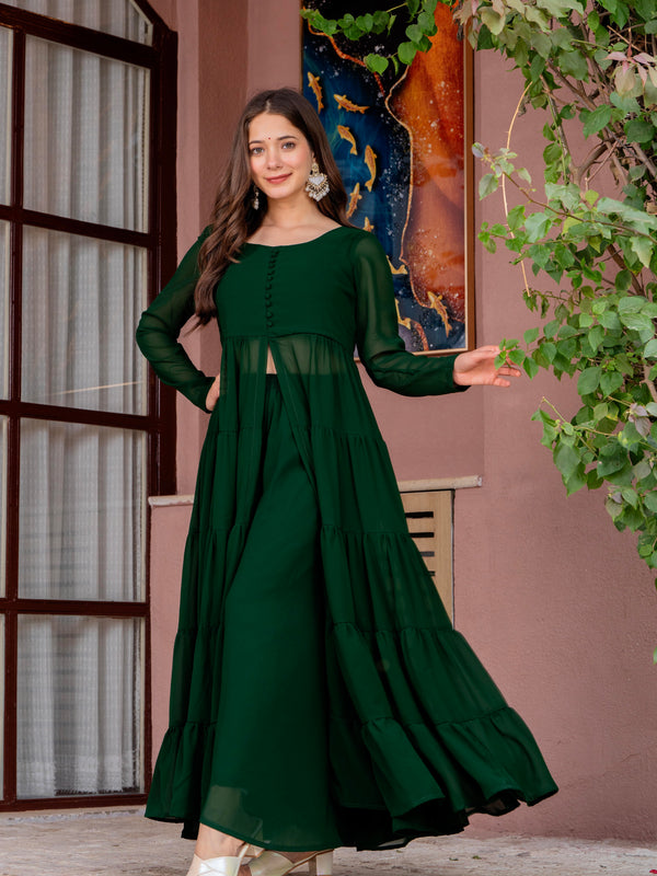Poshak Hub Women Green Georgette Front Slit Tiered Anarkali Kurta with Sharara