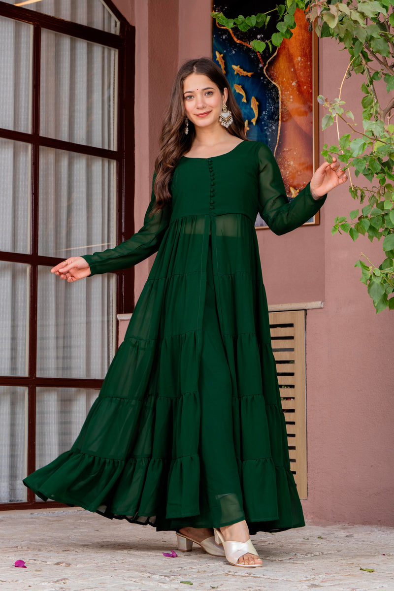 Poshak Hub Women Green Georgette Front Slit Tiered Anarkali Kurta with Sharara