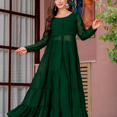 Poshak Hub Women Green Georgette Front Slit Tiered Anarkali Kurta with Sharara