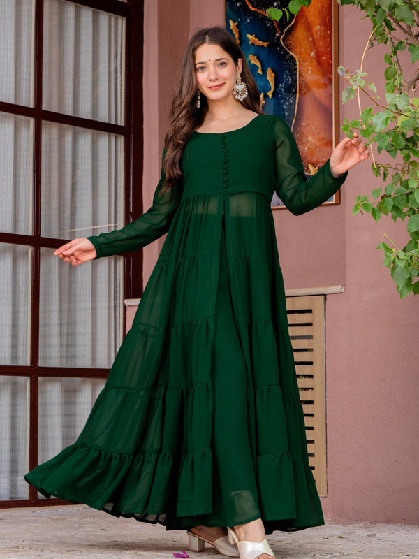 Poshak Hub Women Green Georgette Front Slit Tiered Anarkali Kurta with Sharara