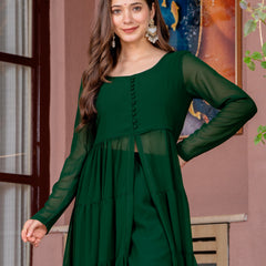 Poshak Hub Women Green Georgette Front Slit Tiered Anarkali Kurta with Sharara