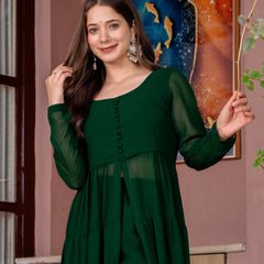 Poshak Hub Women Green Georgette Front Slit Tiered Anarkali Kurta with Sharara