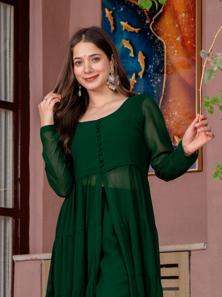 Poshak Hub Women Green Georgette Front Slit Tiered Anarkali Kurta with Sharara