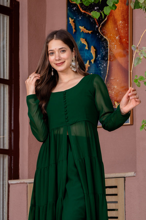 Poshak Hub Women Green Georgette Front Slit Tiered Anarkali Kurta with Sharara