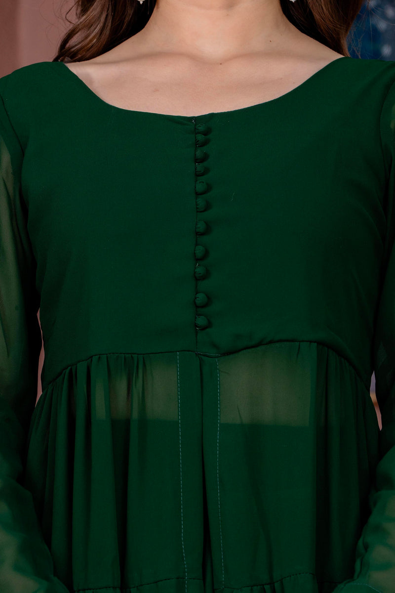 Poshak Hub Women Green Georgette Front Slit Tiered Anarkali Kurta with Sharara