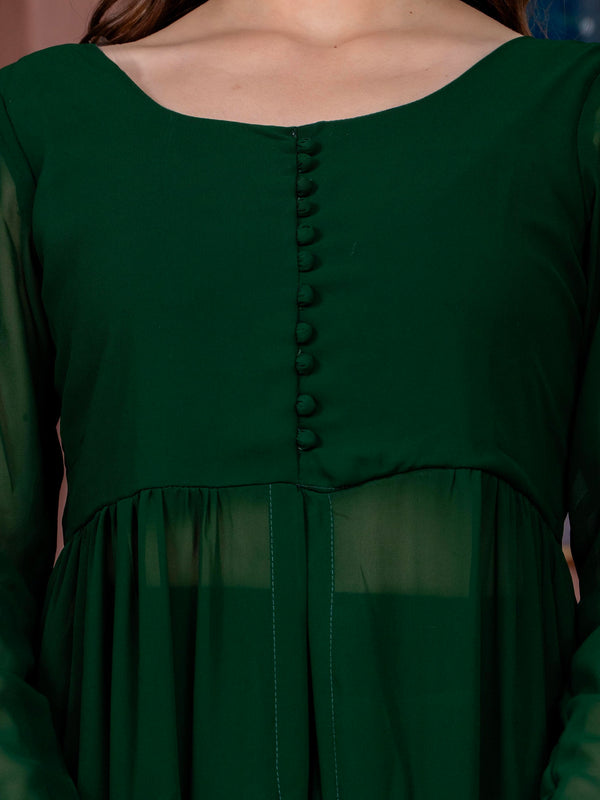 Poshak Hub Women Green Georgette Front Slit Tiered Anarkali Kurta with Sharara