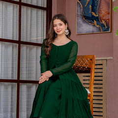 Poshak Hub Women Green Georgette Front Slit Tiered Anarkali Kurta with Sharara