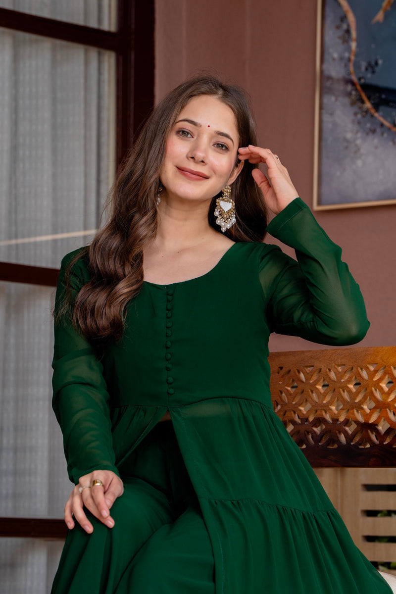 Poshak Hub Women Green Georgette Front Slit Tiered Anarkali Kurta with Sharara