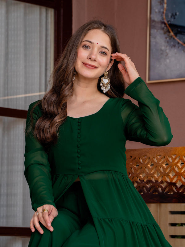Poshak Hub Women Green Georgette Front Slit Tiered Anarkali Kurta with Sharara