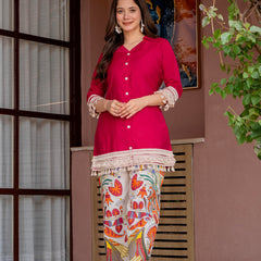 Poshak Hub Women Magenta Co-Ord Set, Shirt Style Tunic with Printed Palazzo
