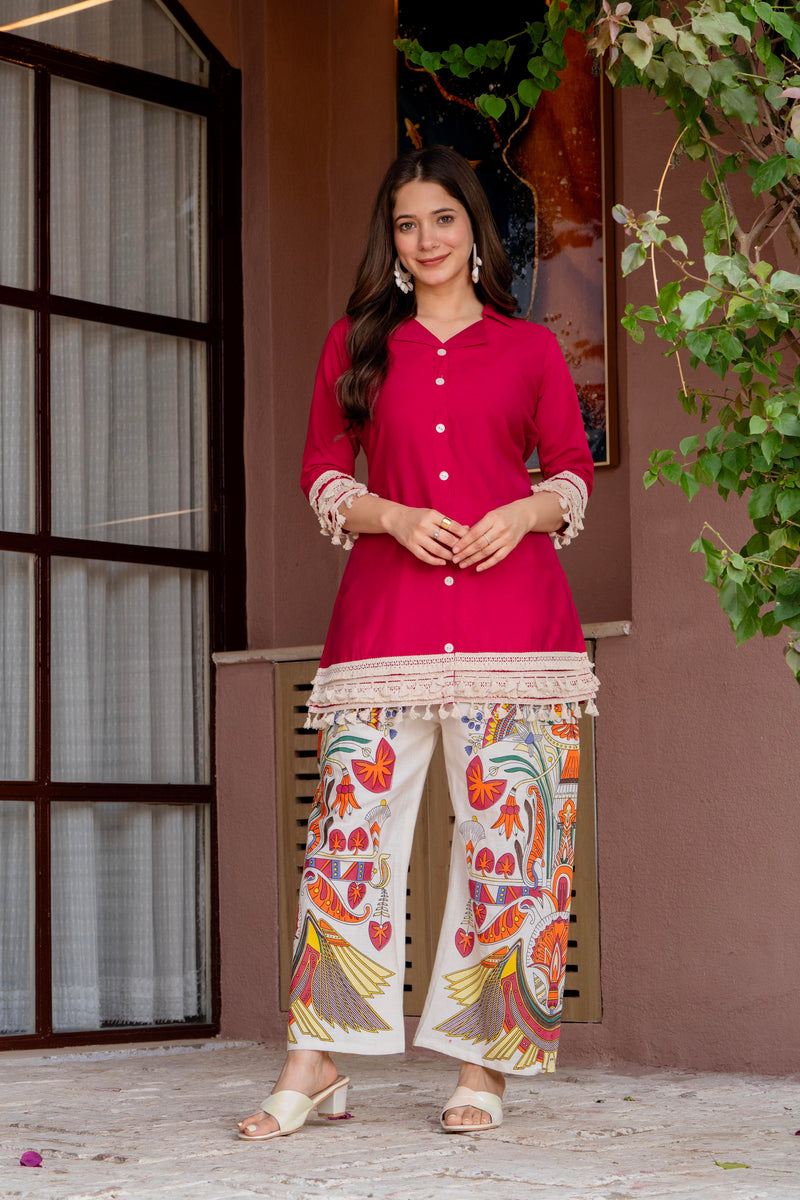 Poshak Hub Women Magenta Co-Ord Set, Shirt Style Tunic with Printed Palazzo