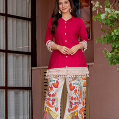 Poshak Hub Women Magenta Co-Ord Set, Shirt Style Tunic with Printed Palazzo
