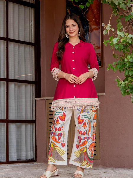 Poshak Hub Women Magenta Co-Ord Set, Shirt Style Tunic with Printed Palazzo