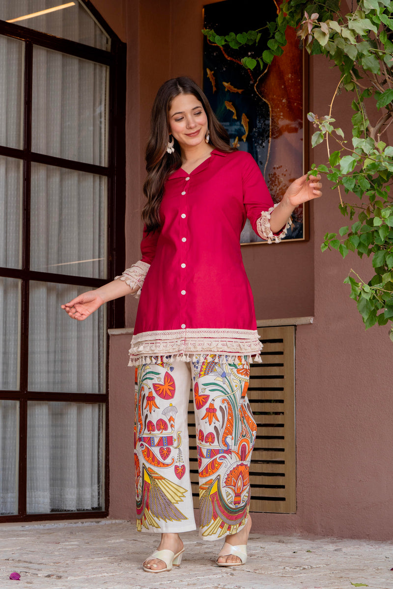 Poshak Hub Women Magenta Co-Ord Set, Shirt Style Tunic with Printed Palazzo
