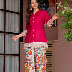 Poshak Hub Women Magenta Co-Ord Set, Shirt Style Tunic with Printed Palazzo