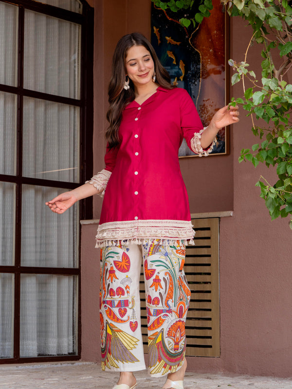Poshak Hub Women Magenta Co-Ord Set, Shirt Style Tunic with Printed Palazzo