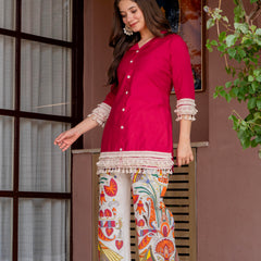 Poshak Hub Women Magenta Co-Ord Set, Shirt Style Tunic with Printed Palazzo