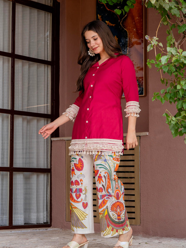 Poshak Hub Women Magenta Co-Ord Set, Shirt Style Tunic with Printed Palazzo