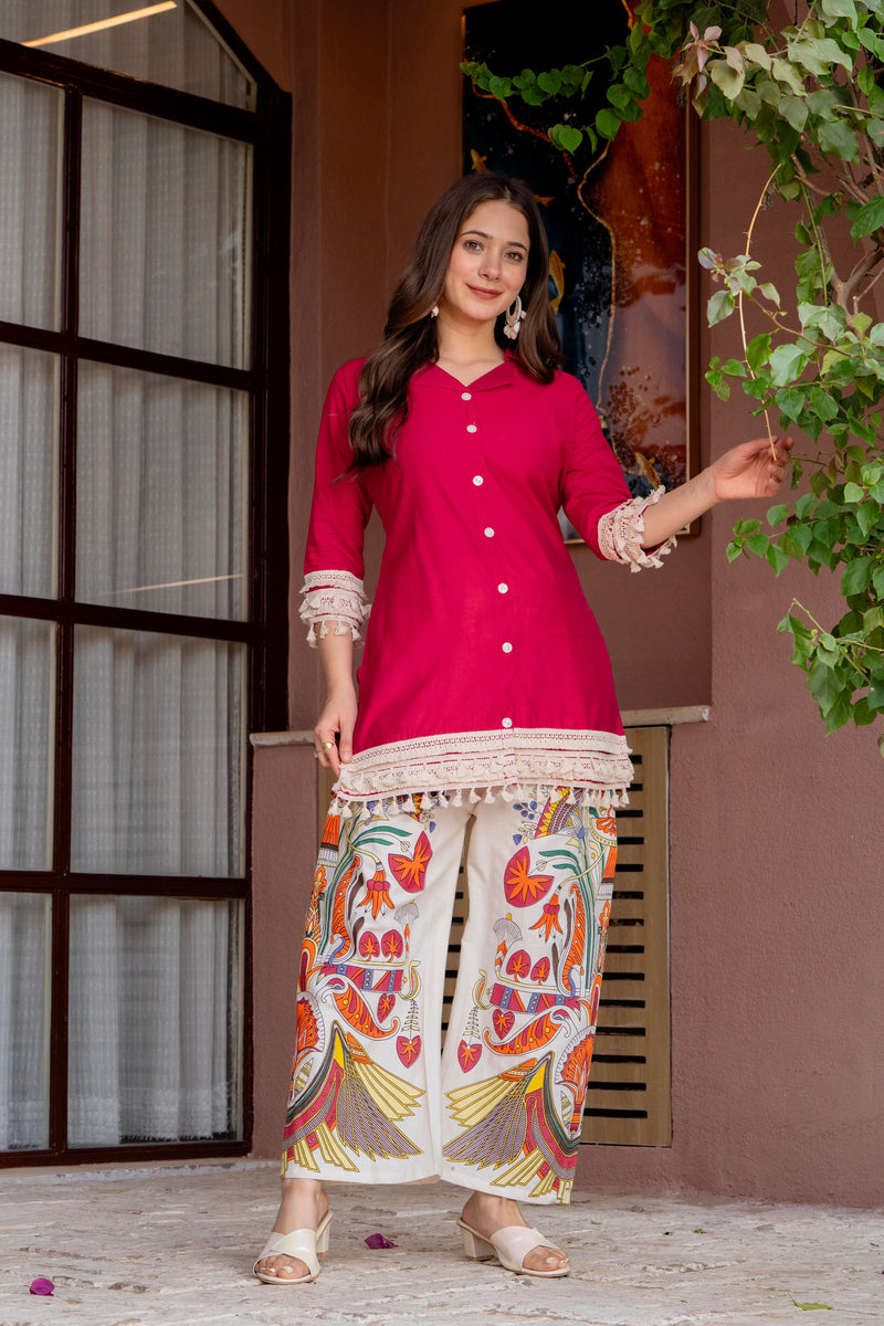 Poshak Hub Women Magenta Co-Ord Set, Shirt Style Tunic with Printed Palazzo