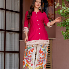 Poshak Hub Women Magenta Co-Ord Set, Shirt Style Tunic with Printed Palazzo