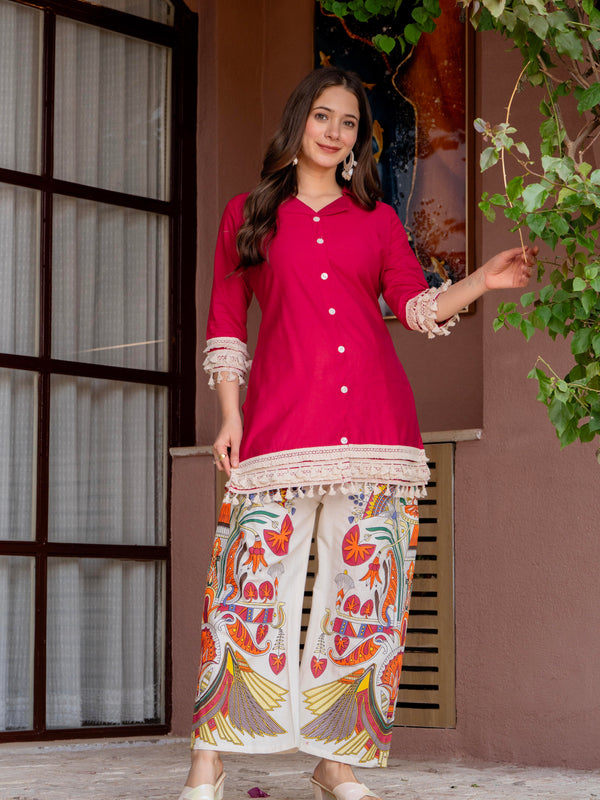 Poshak Hub Women Magenta Co-Ord Set, Shirt Style Tunic with Printed Palazzo
